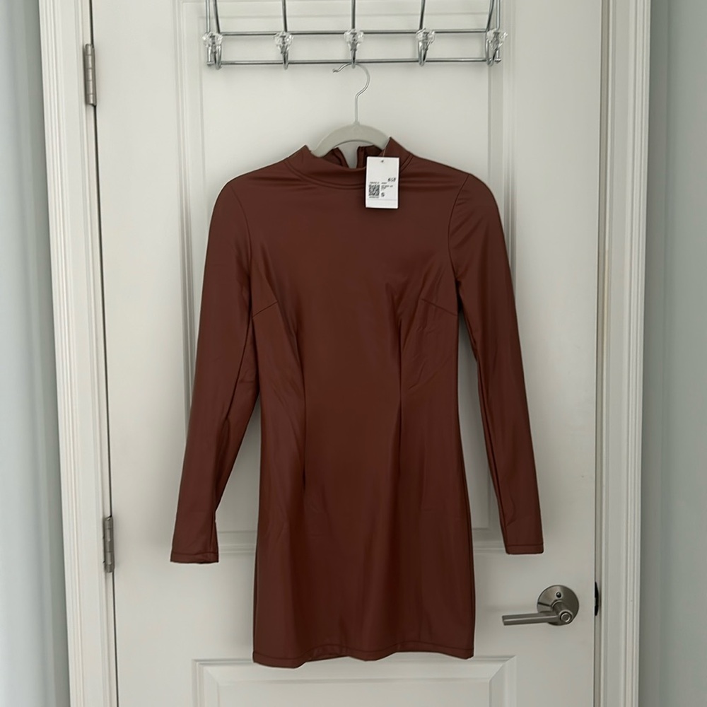 Brown Leather Like Long Sleeve Mini Dress